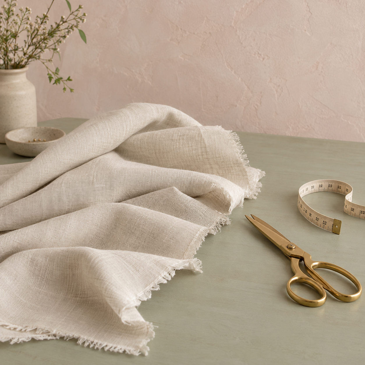 Ivory linen, gold scissors, and measuring tape in the Made Softlyy studio