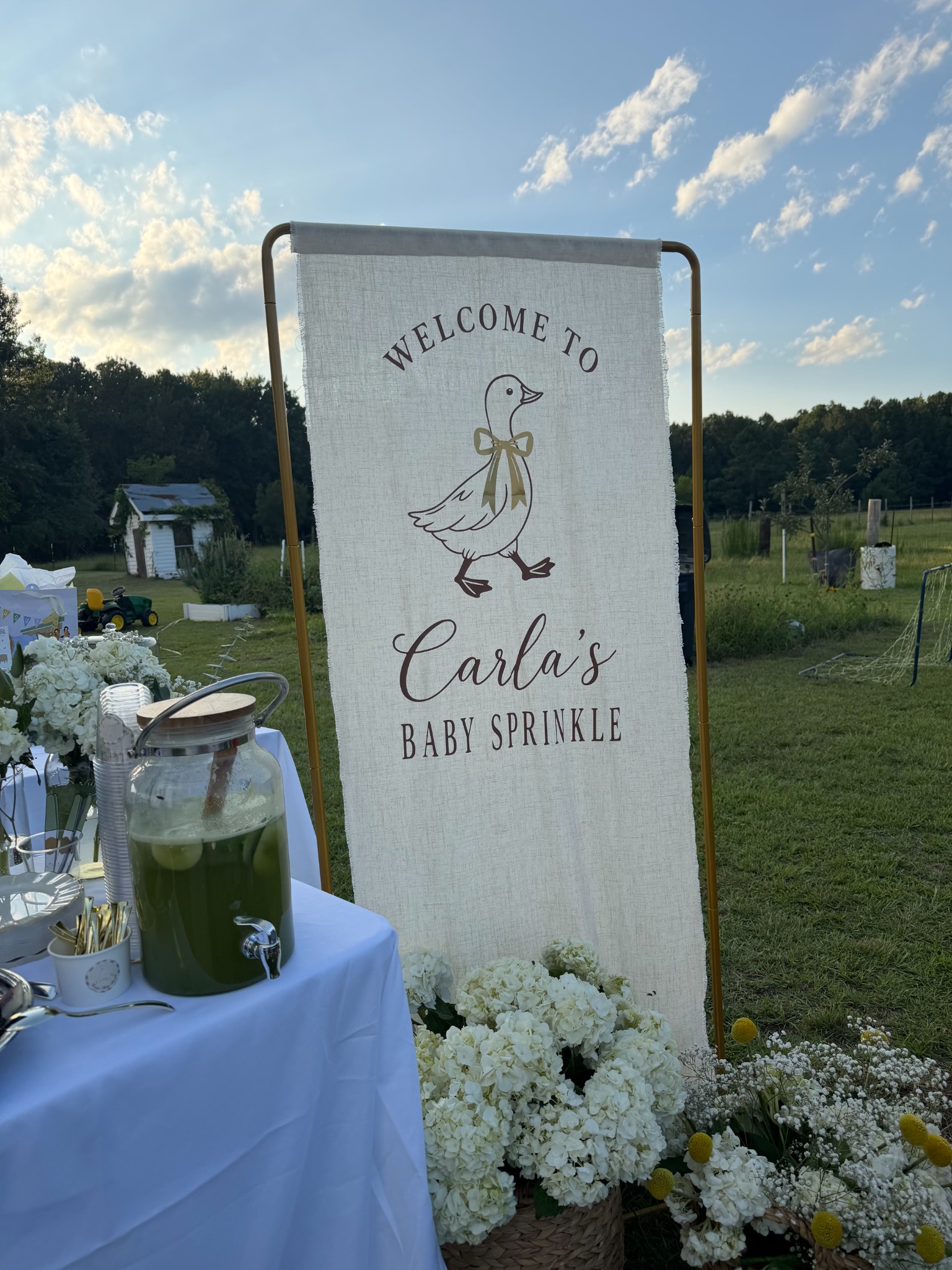Custom linen welcome sign displayed at a baby sprinkle