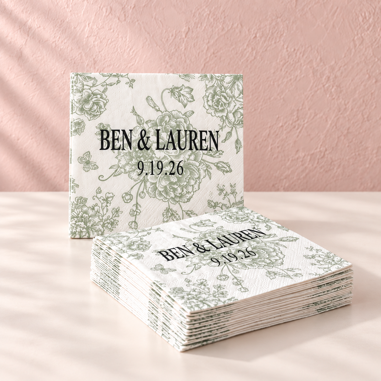 Stack of custom wedding cocktail napkins